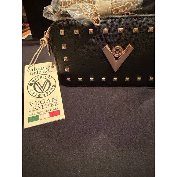 Valentino Orlandi Handbags - NWT Valentino Orlandi double strap Black Studded Camera Crossbody gold hardware